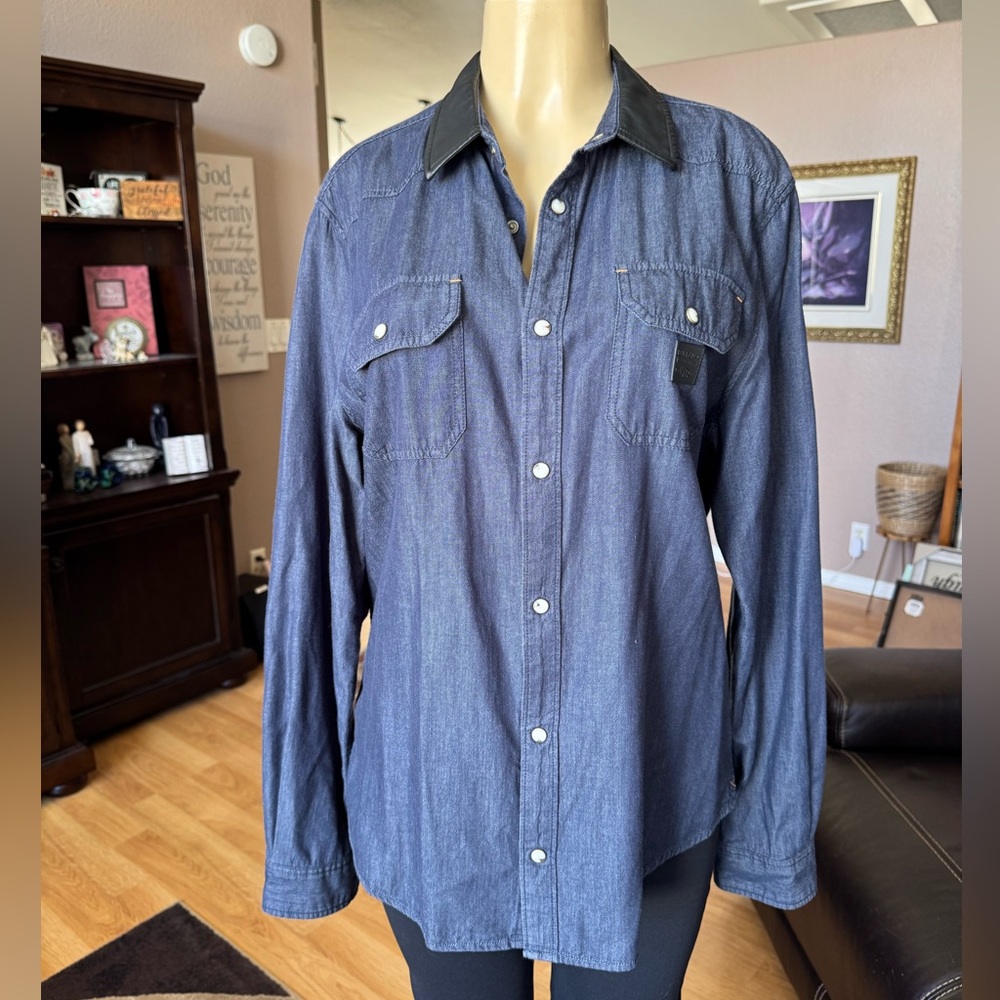 Buffalo David Bitton Denim Shirt with faux leather collar-size L